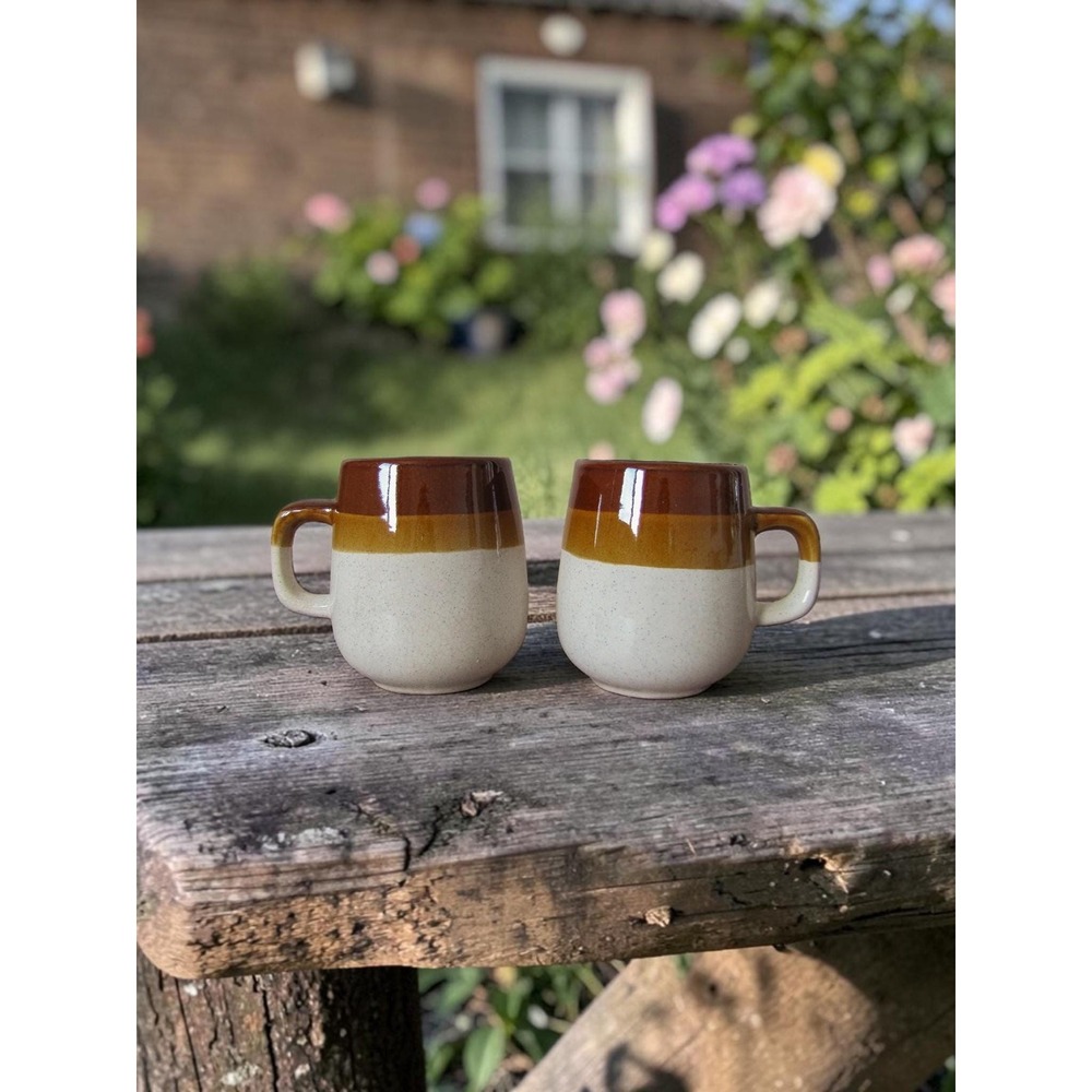 Vintage 3 Tones Stoneware Coffee Mugs Pair, Brown Drip Glaze Pottery Cups, Rust